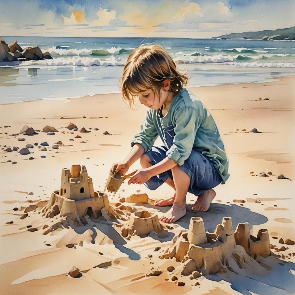 A small child building a sand castle,  watercolor 