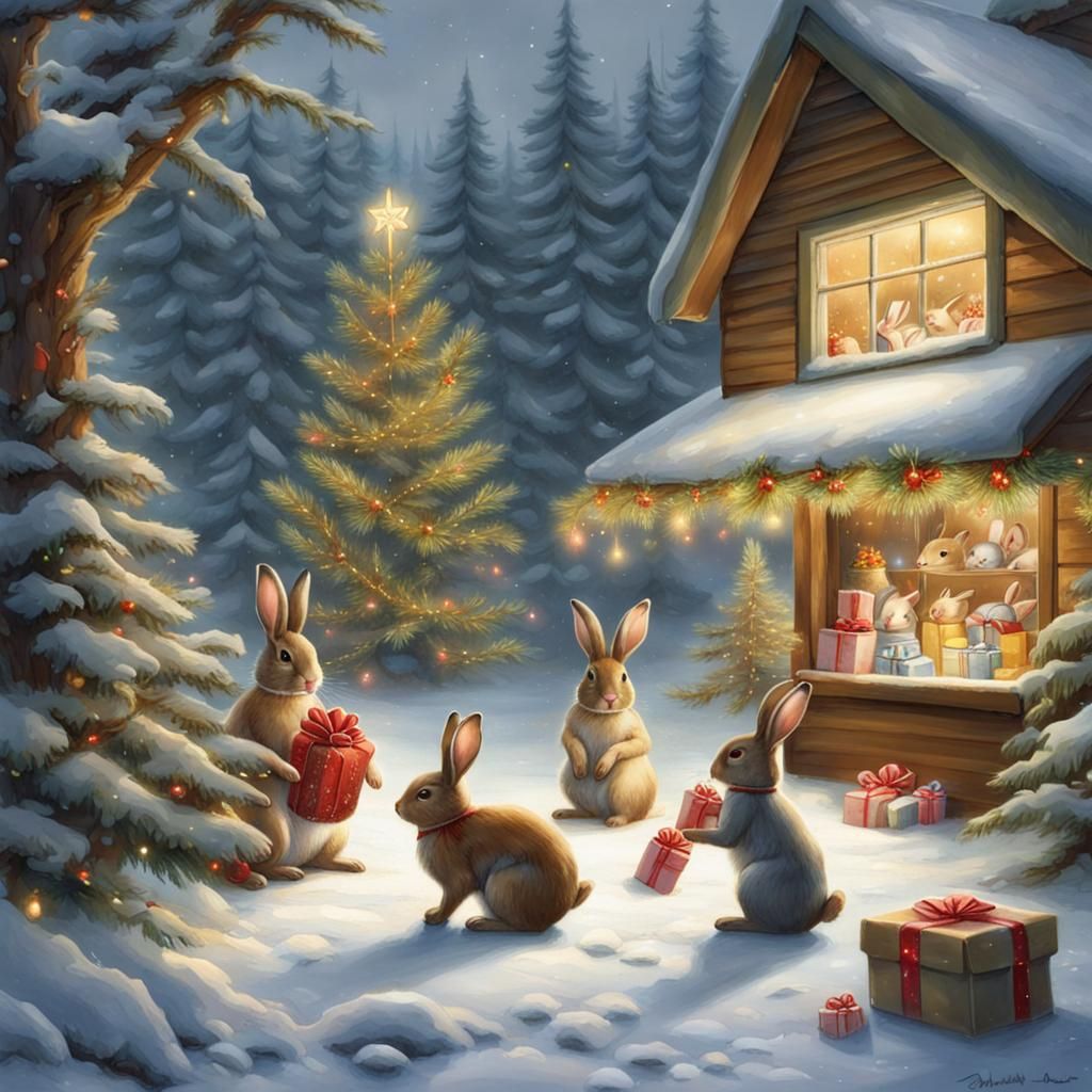 With breathtaking realism, rabbits exchange gifts in a snowy wonderland under fir trees decorated with ...  by @bibi