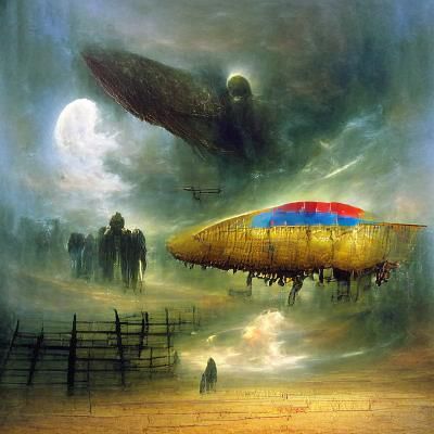 Lovecraftian War Zeppelin flying over Village by Beksinski