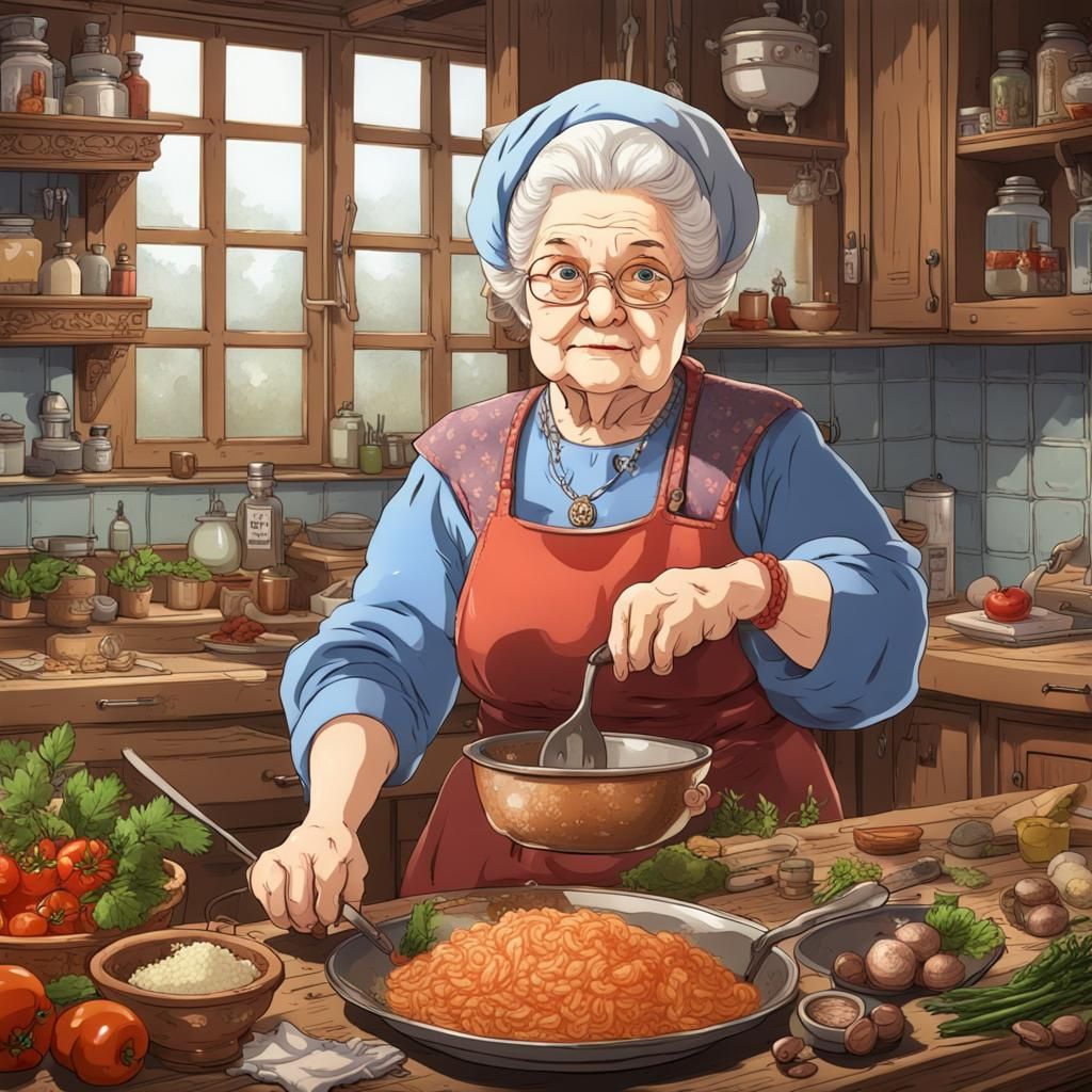 Russian granny cooking dinner using vodka instead of all ing...