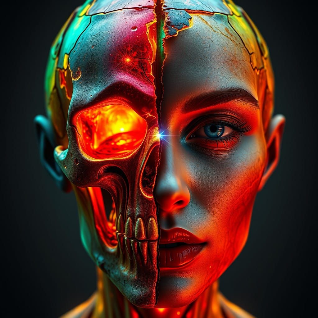 An internally lit split face portrait of luminescent cracking mud and peeling layers of red yellow green blue paint, aged and weathered, old...