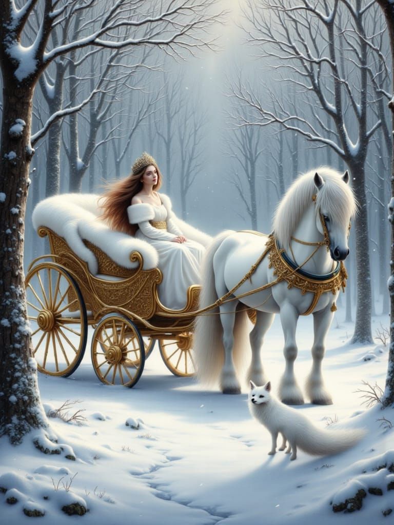 Enchanting Winter Carriage Scene with White Fox and Horses