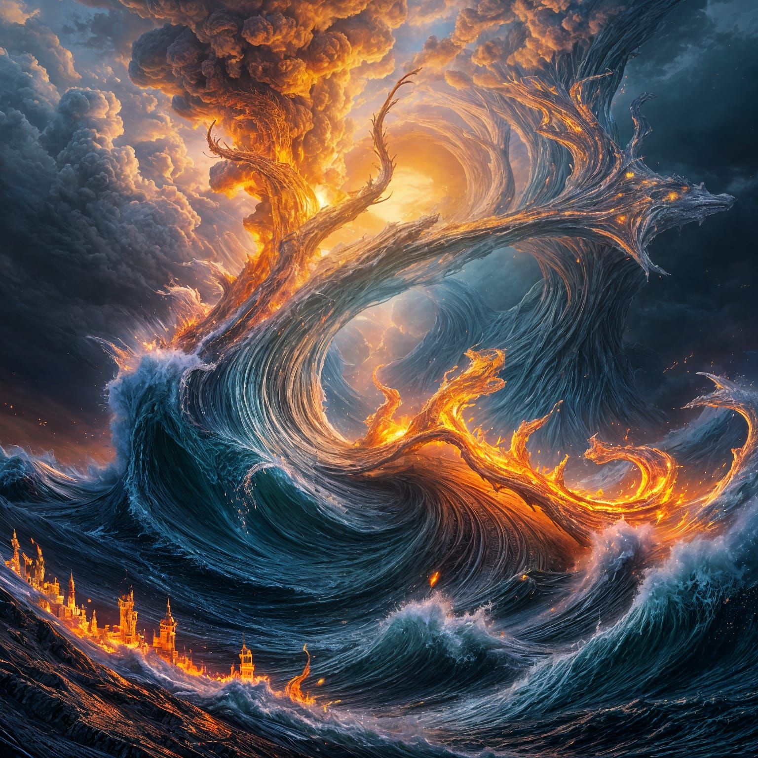 Rainbow Fire and Lightning Water in Oil Painting Style