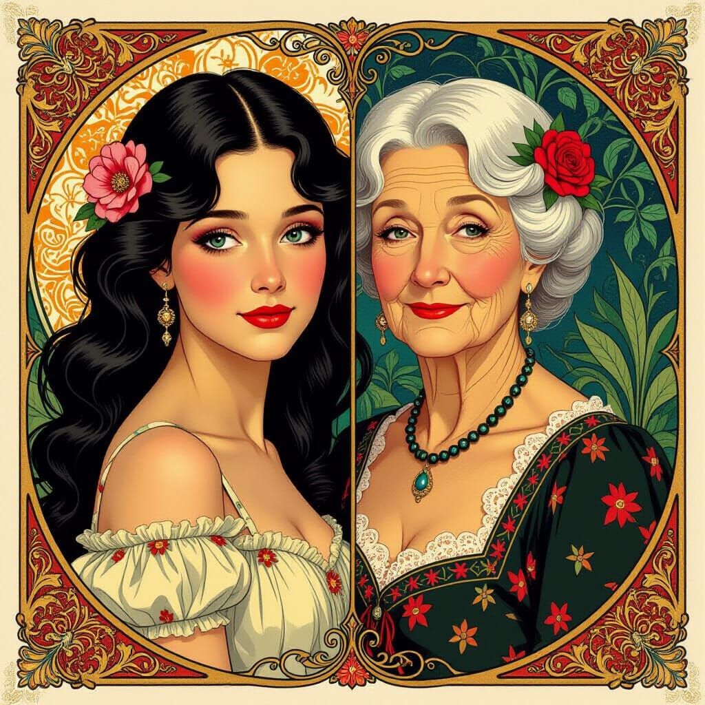 Un portrait partagé en deux d'un côté la jeunesse avec les yeux pétillants teint clair cheveux noirs ...  by @Katkaty 