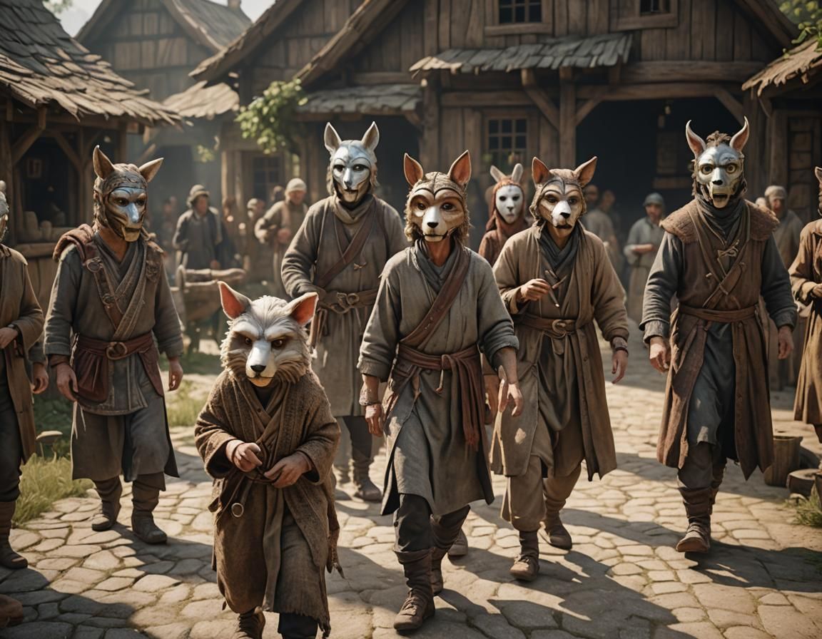 animal masks in Middle Age village