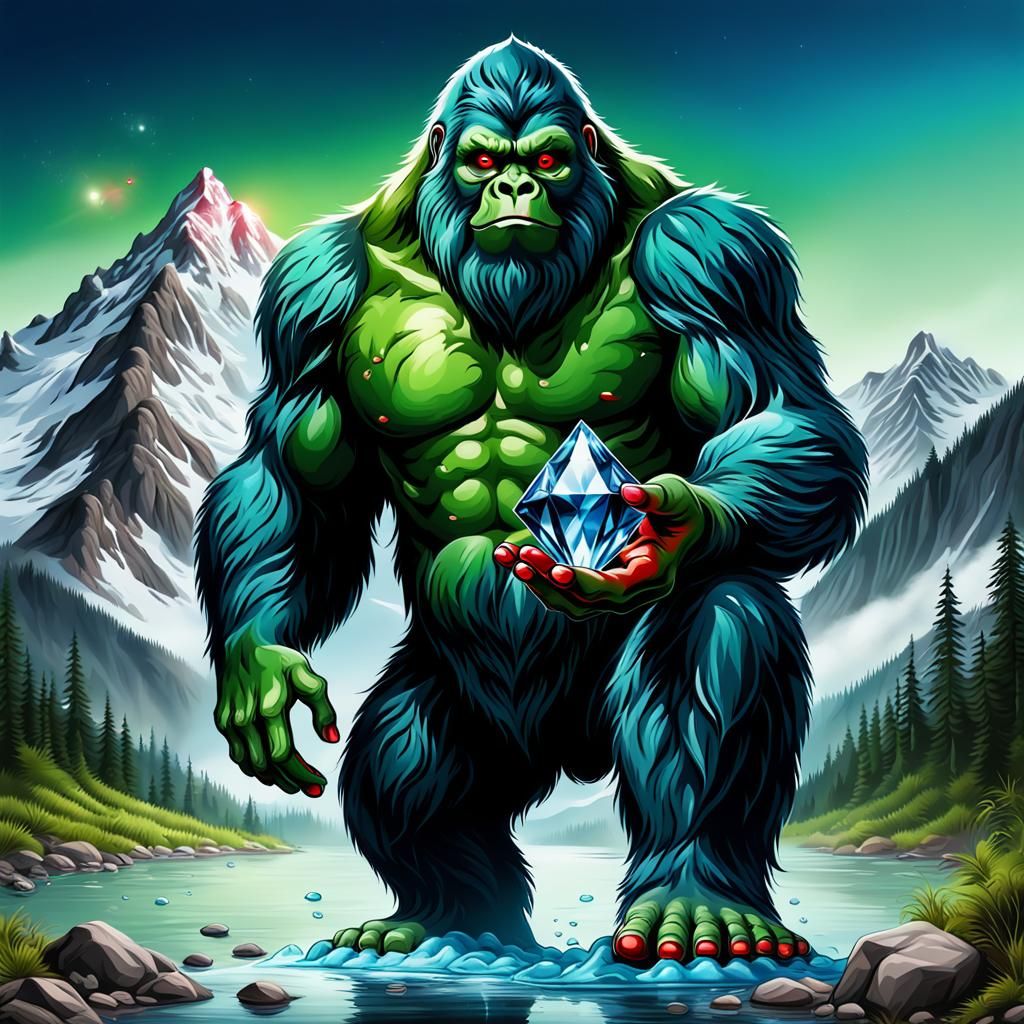 Realistic green and blue color Bigfoot holding a diamond liq...