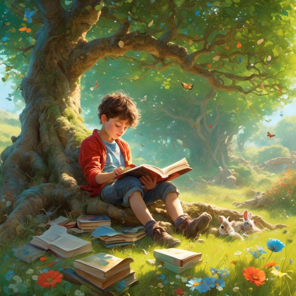 A <lora:Flighty:1.0>  boy reading a book under a tree 