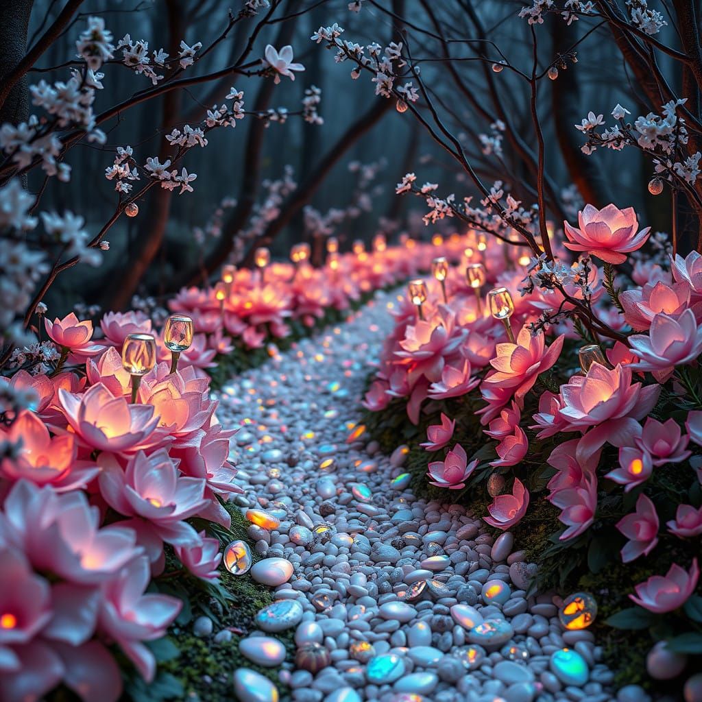 Ethereal Garden Scene in Iridescent Hues