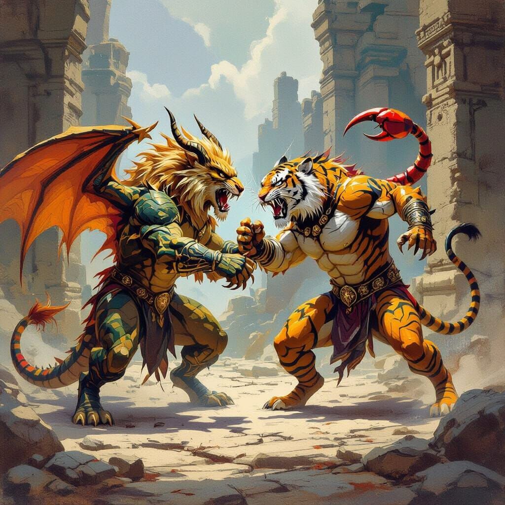 龙身狮面和蝎头虎身打斗 