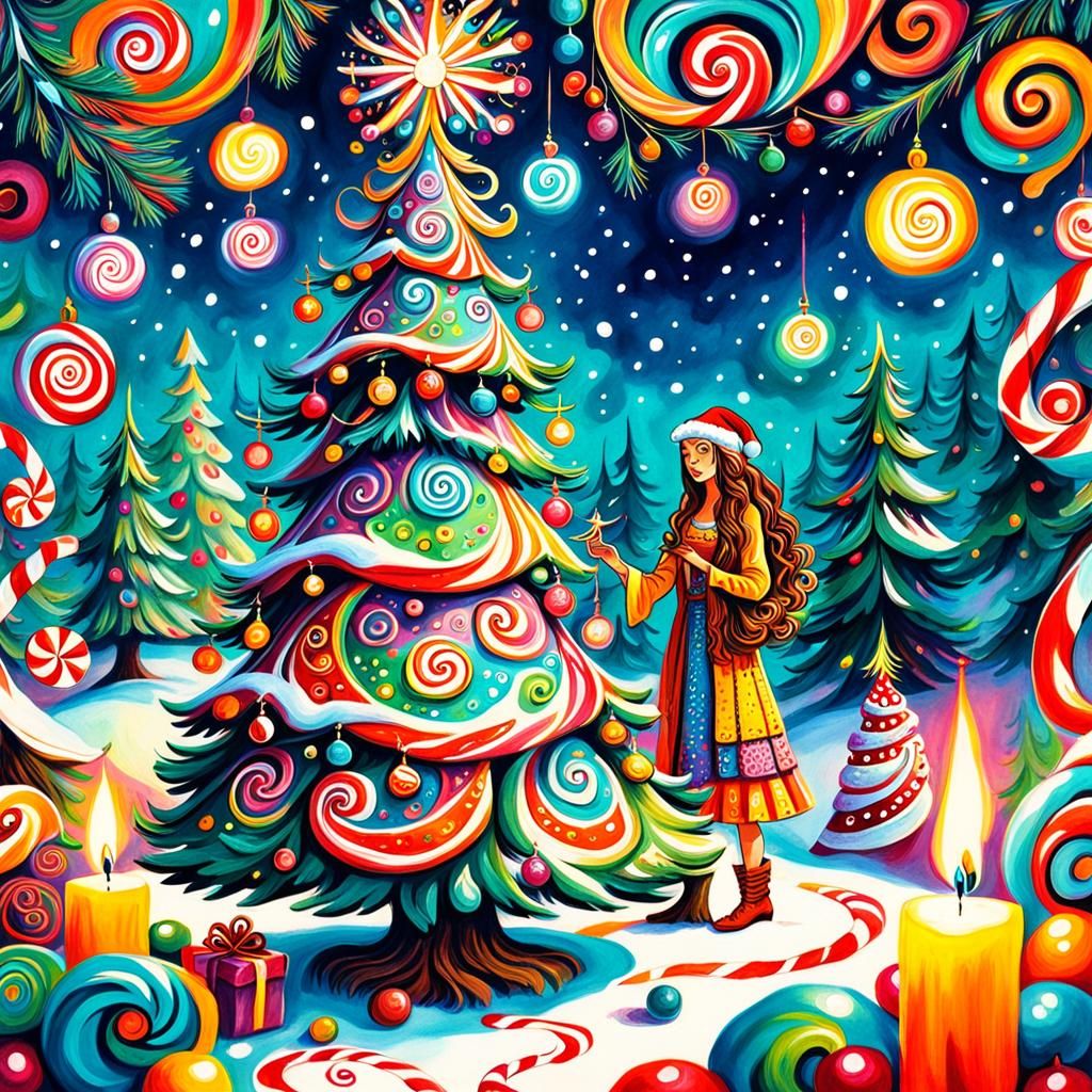 A beautiful dreamlike hippy hippie Christmas tree and candles and a