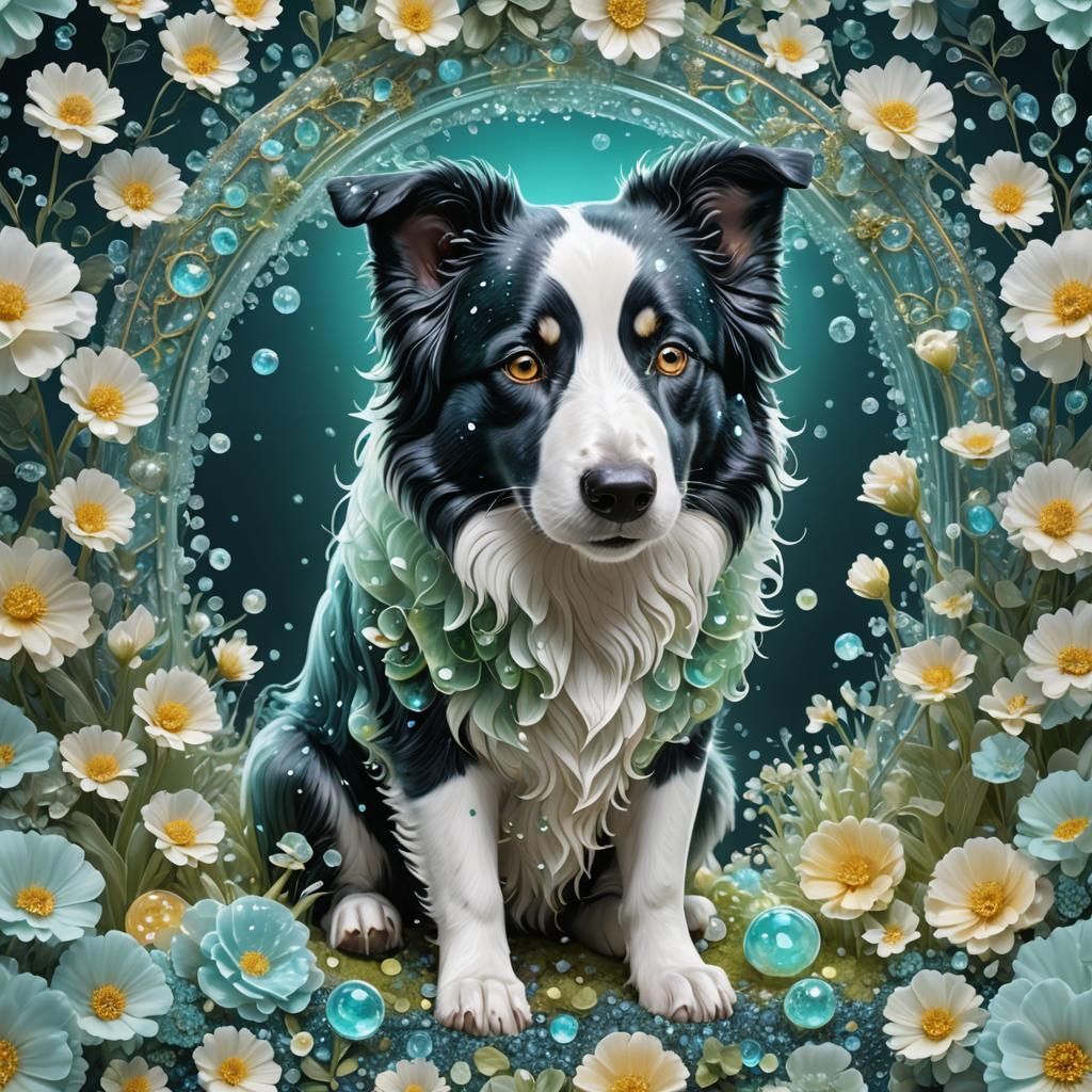 Bioluminescent Crystal Dog Sculpture in a Night Forest