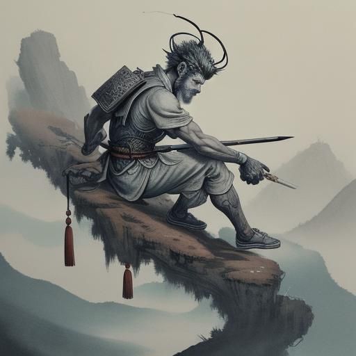Sun Wukong in Chinese Ink Wash Painting