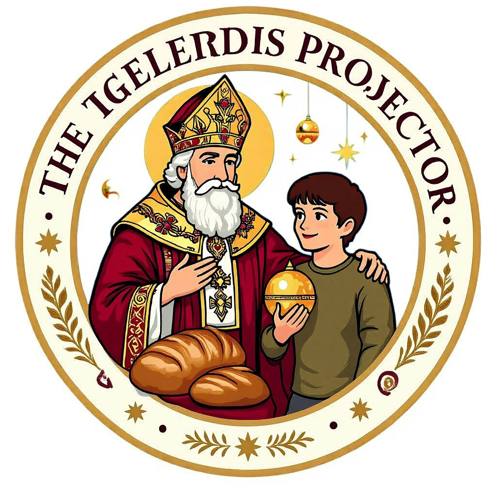 
Create an improved circular emblem for "The Generous Protector" featuring St. Nicholas in his traditional bishop's attire with mitre and ro...
