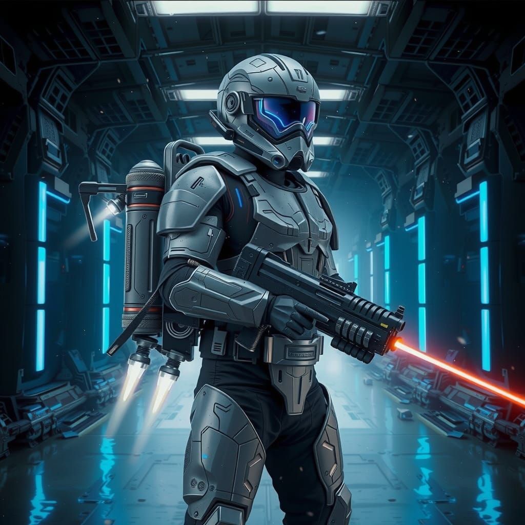 futuristic soldier with jetpack and a laser gun