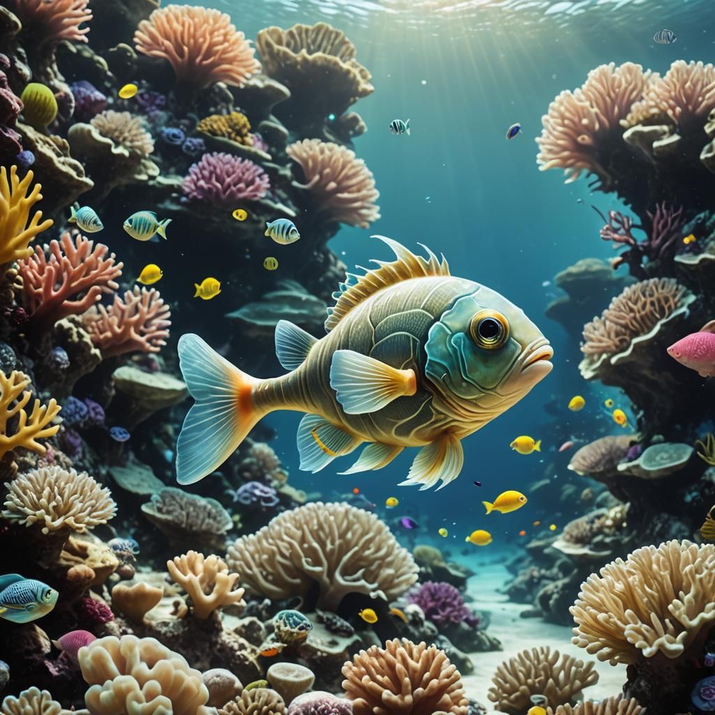 photo of an extremely cute alien fish swimming on an alien h...