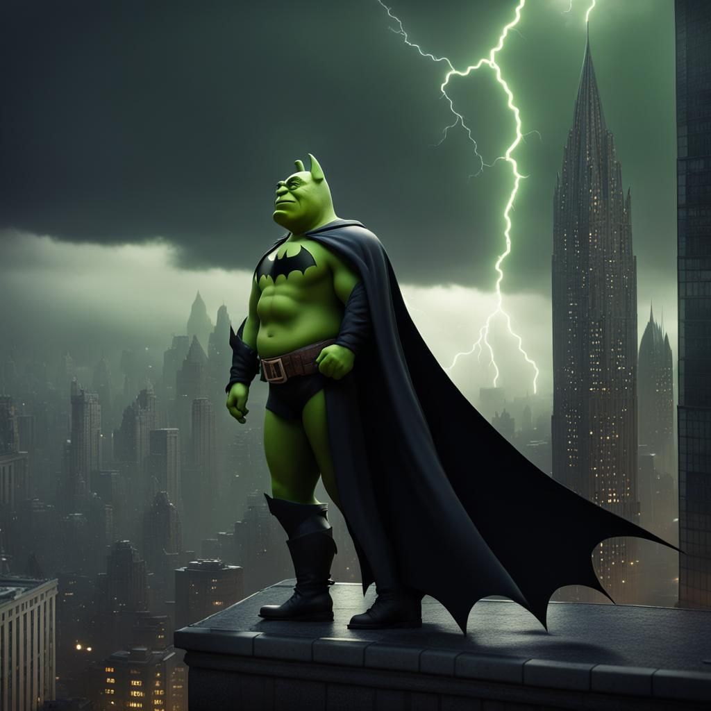 Shrek, dressed as Batman, on the edge of skyscraper roof, raining ...