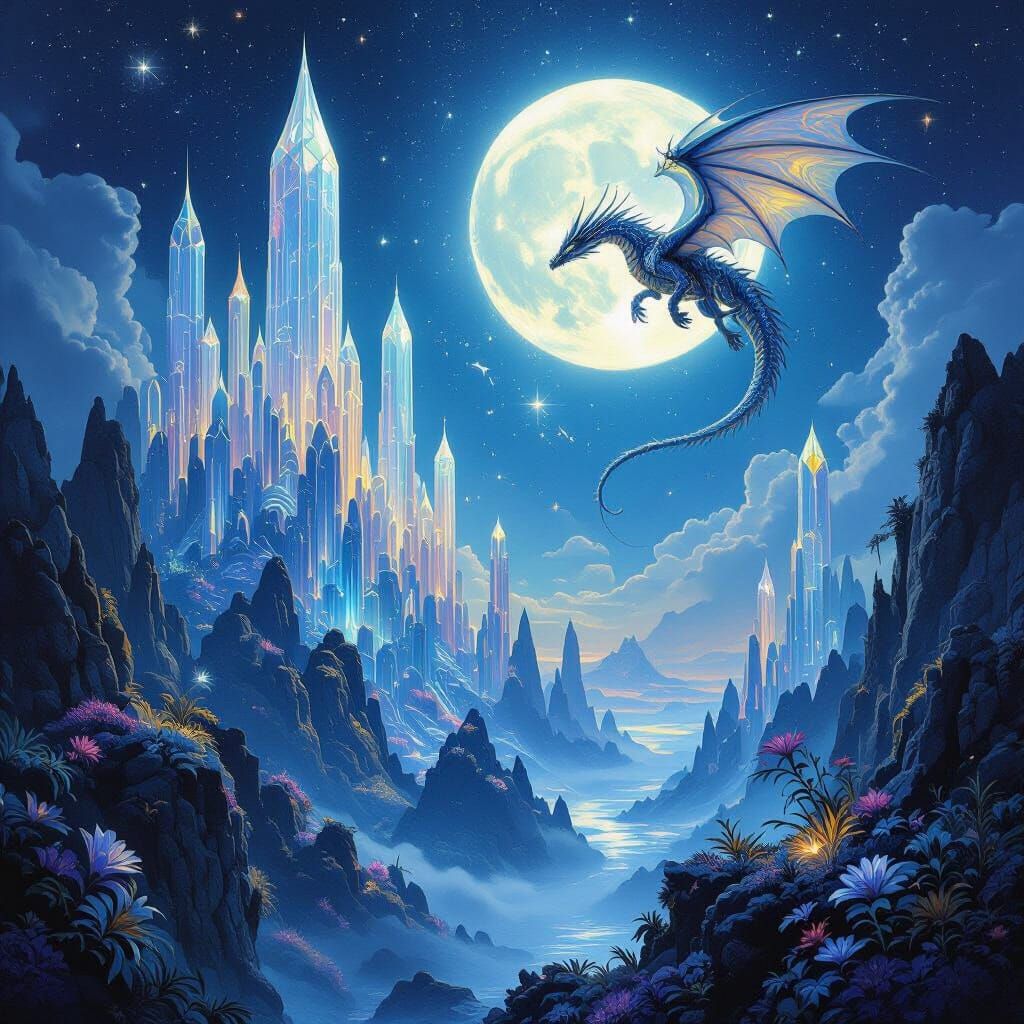 Fantasy Realm Under Moonlight with Soaring Dragon
