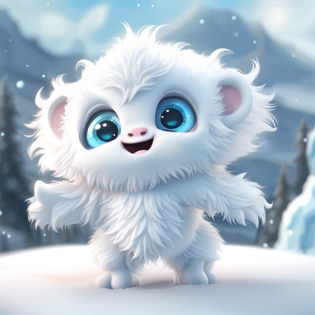 Adorable chibified white baby yeti: glittering shimmering white fur:: big  ice blue eyes: jumping in the snow ❄️: snowing winter day: snowy h - AI  Generated Artwork - NightCafe Creator
