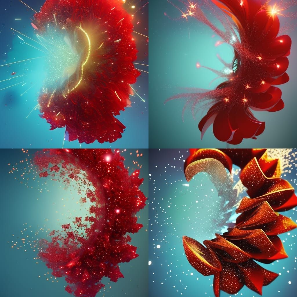 "An imploding red quarts flower with stars filing up the sky...