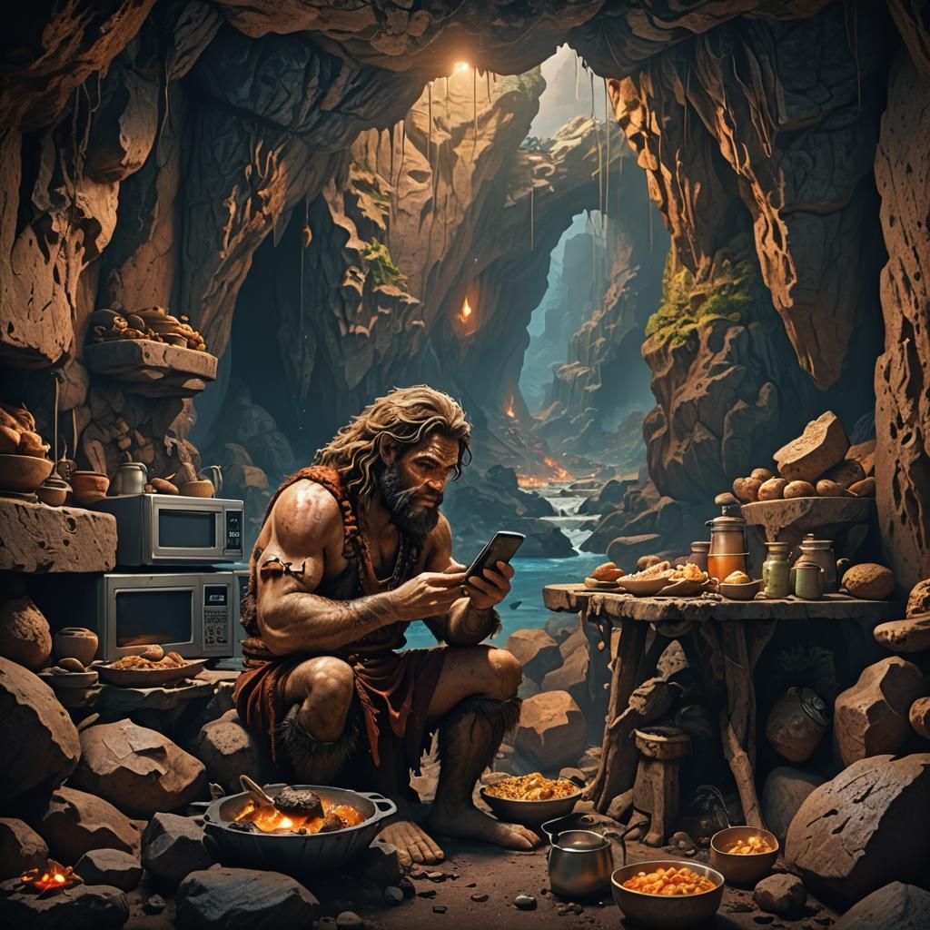 A caveman cooking with a microwave in a  cave looking on his phone

  by @Kalelthenoog 