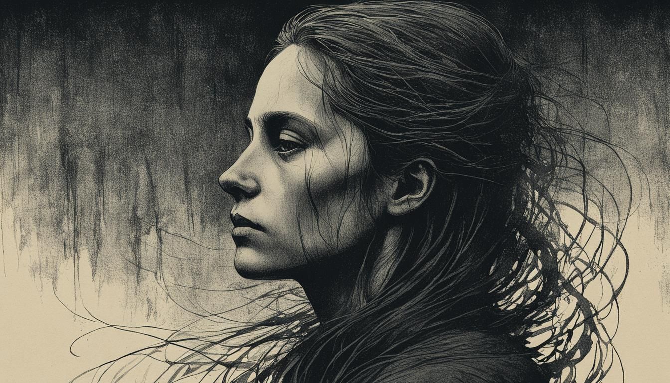 the woman Melancholy, en 1868, lithographie au fusain estompé, à la façon d'Odilon Redon (French, 1840-1916)_