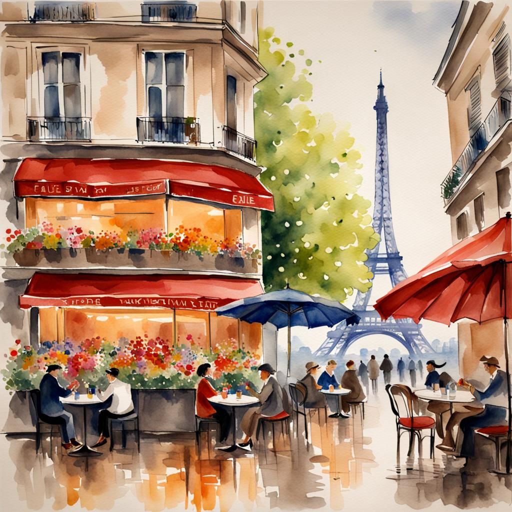 Watercolour painting of a Parisian cafe with tables and bright ...