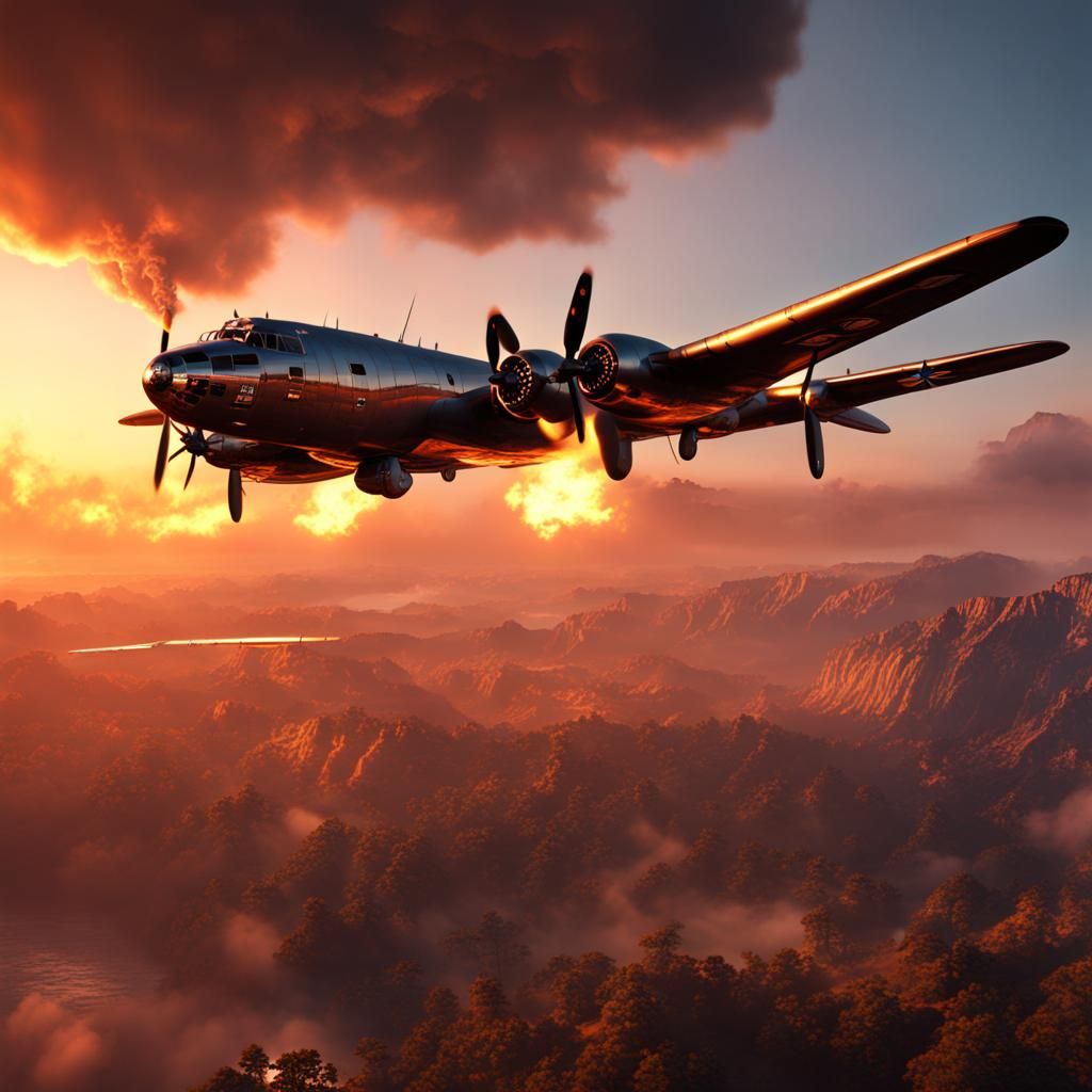 B-29 flying in sunset with engine on fire