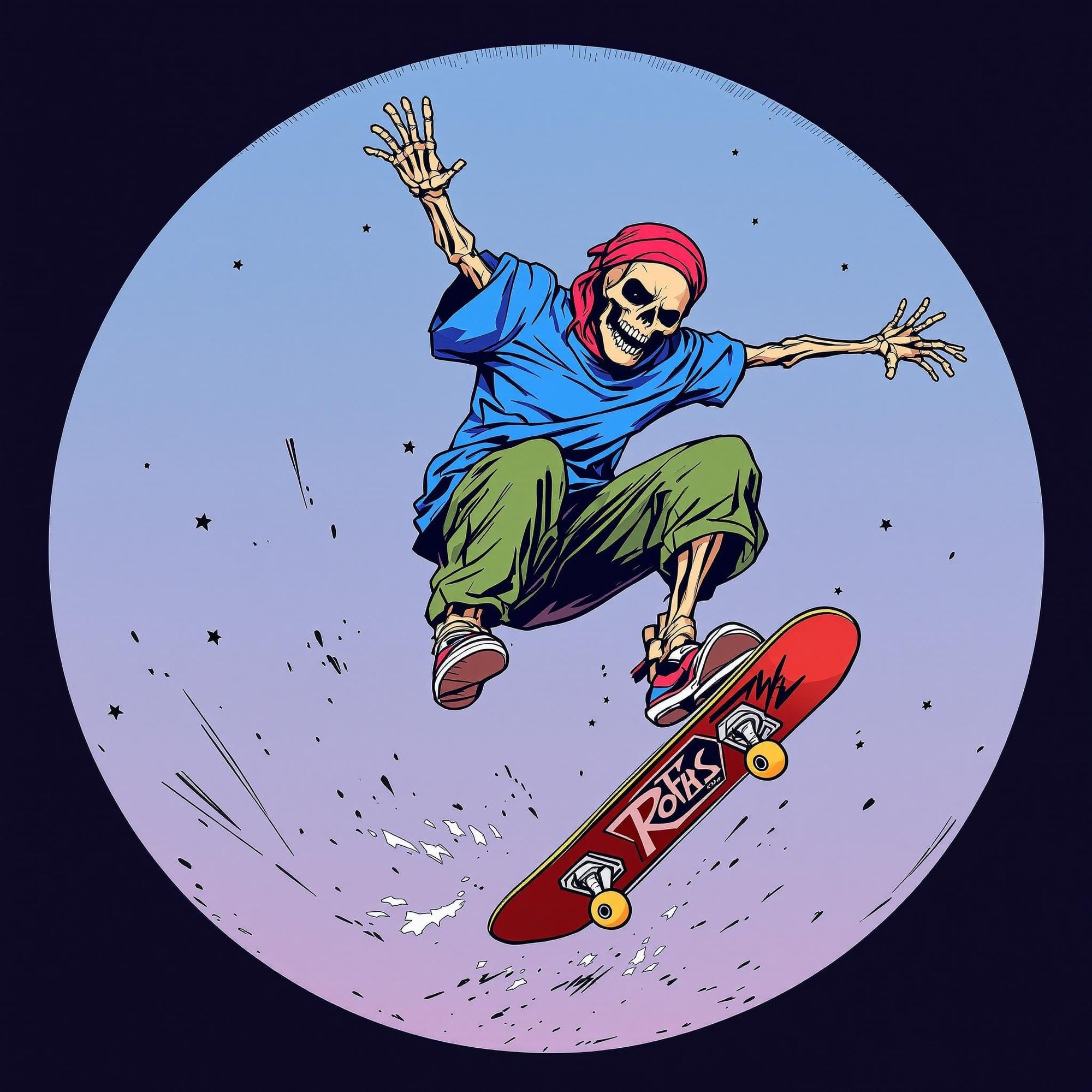 Create a dynamic and playful illustration of a skeleton performing an exhilarating skateboard trick mid-air. Capture the skeleton in a high-...
