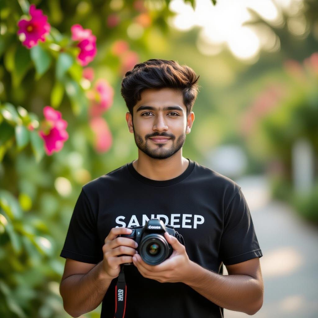 Young man standing outdoors wearing a black t-shirt with the name 'Sandeep' printed on it, holding a DSLR camera, with greenery and bright p...