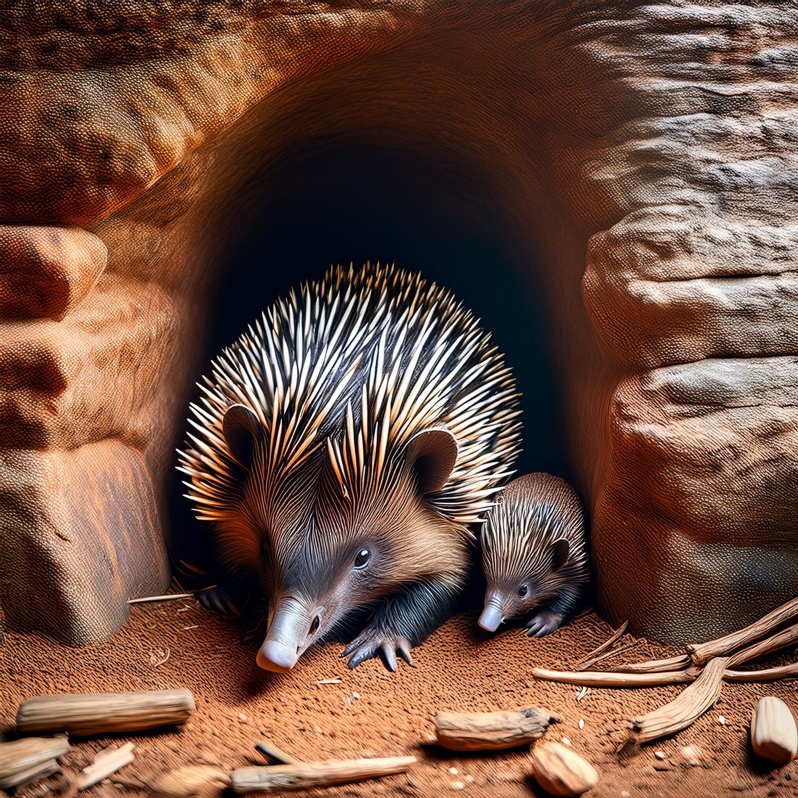 Short-beaked echidna and baby