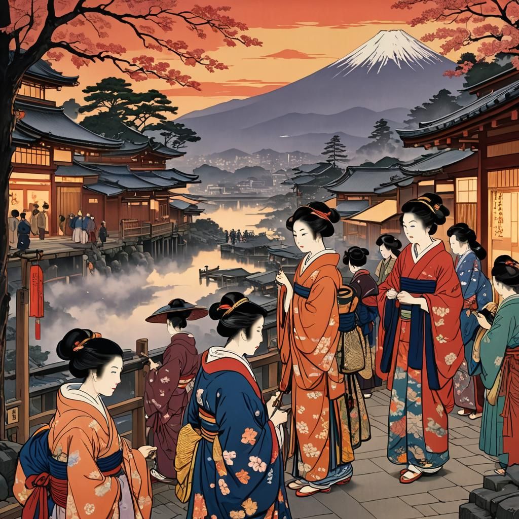 Ukio-e, Women in a 17th century Kyoto market chatting and buying fabric, Mount Fuji, Ukio-e   by @HarrietM