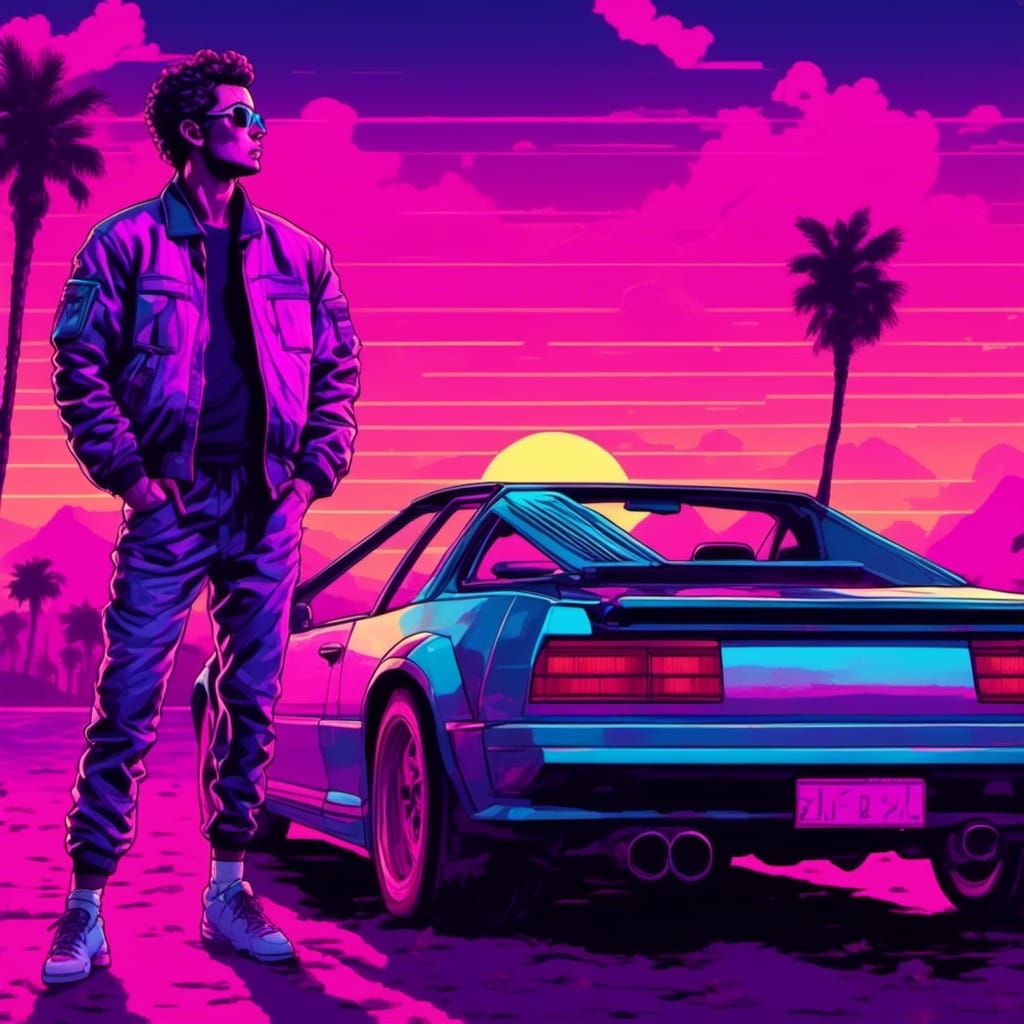 A man leaning against a sports car  watching a sunset, synthwave, neon, retro, 80's horror, intricately detailed, high resolution, dynamic l...