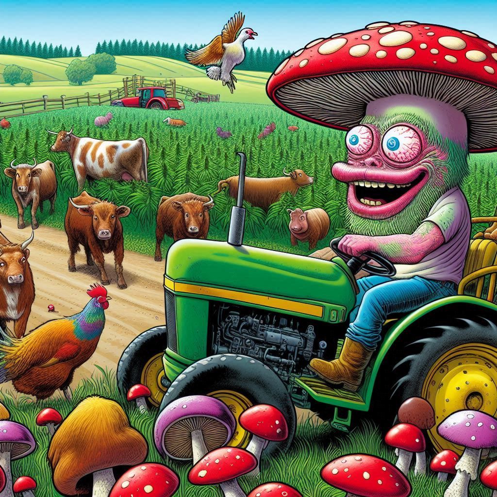 Crazy Mushrooms blushing like a red neck, Life on a farm, driving a tractor through the fields of ganja, in the backgrou...