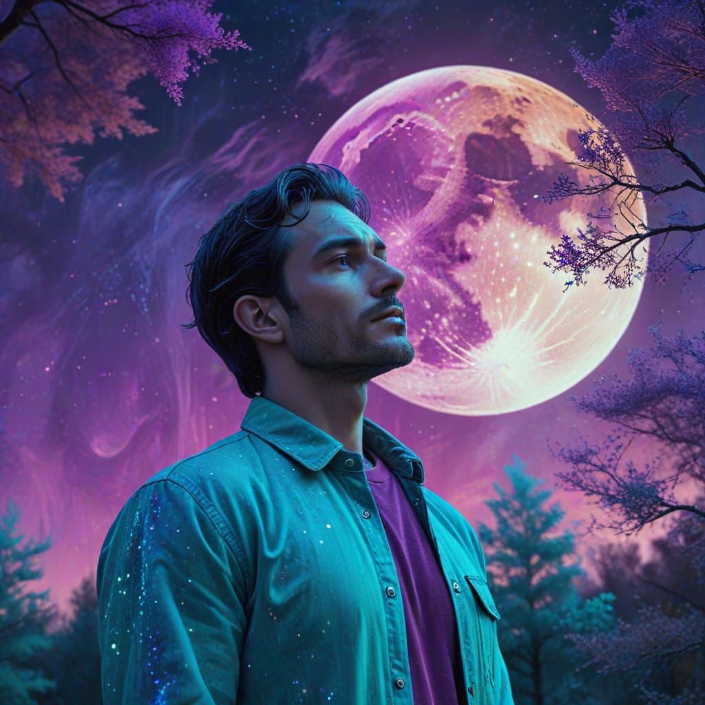 Man Against Moon in Surreal Fauvist Dreamscape