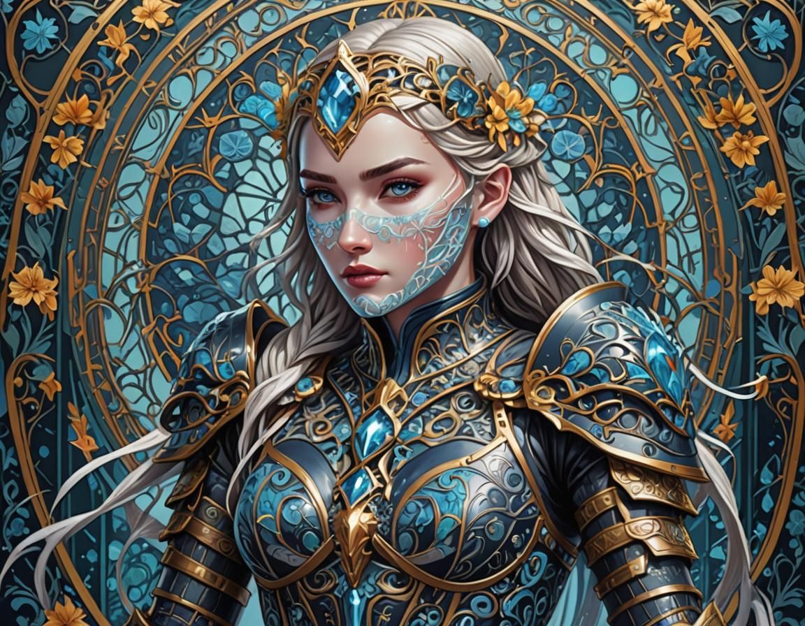 Frozen girl knight with beautiful mask, STYLE: art Nouveau