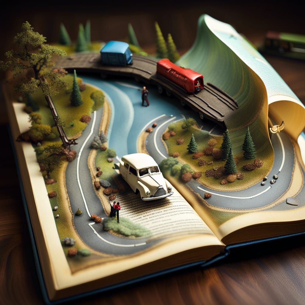 Miniature_map_road and cars coming_out_of an_open_book, Joy_...
