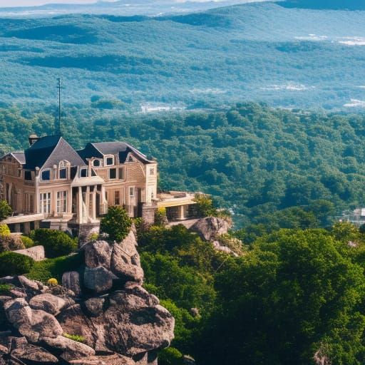 Mansion on rocks with the city behind it 4K elegant and beau...