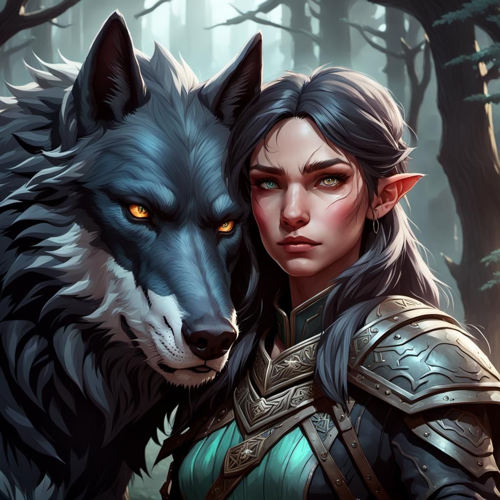 A female wild elf ranger with a black dire wolf - AI Generated Artwork ...