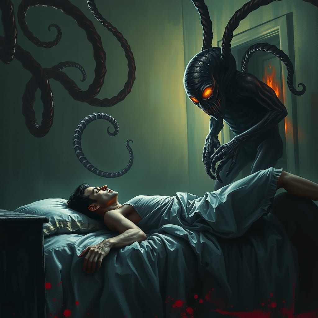 (Absolutely Terrifying sleep paralysis demon boogeyman Michael myers freddy Krueger pennywise Darth sidious hybrid fusion 100% true form sla...