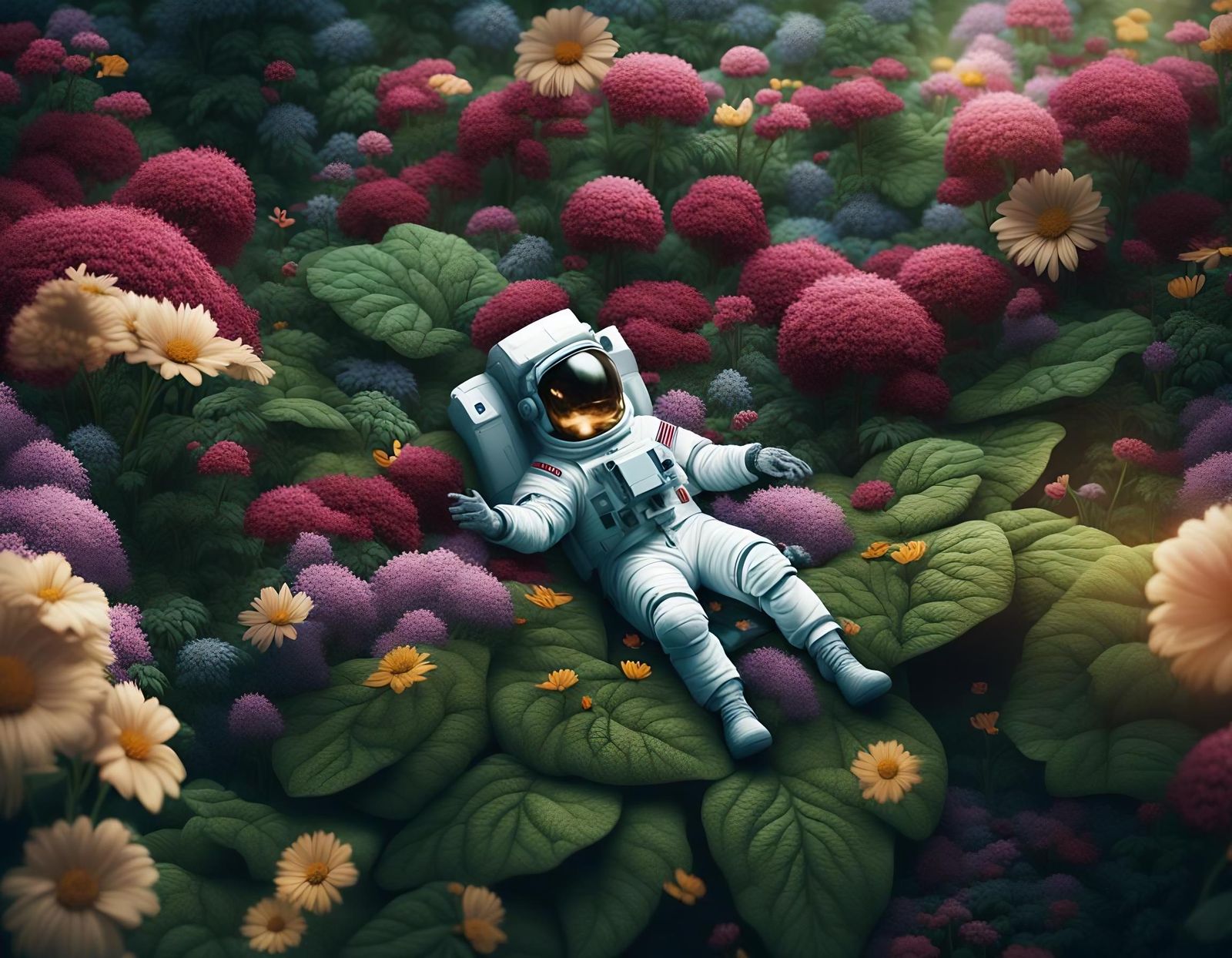 An astronaut lying in a bed of flowers.