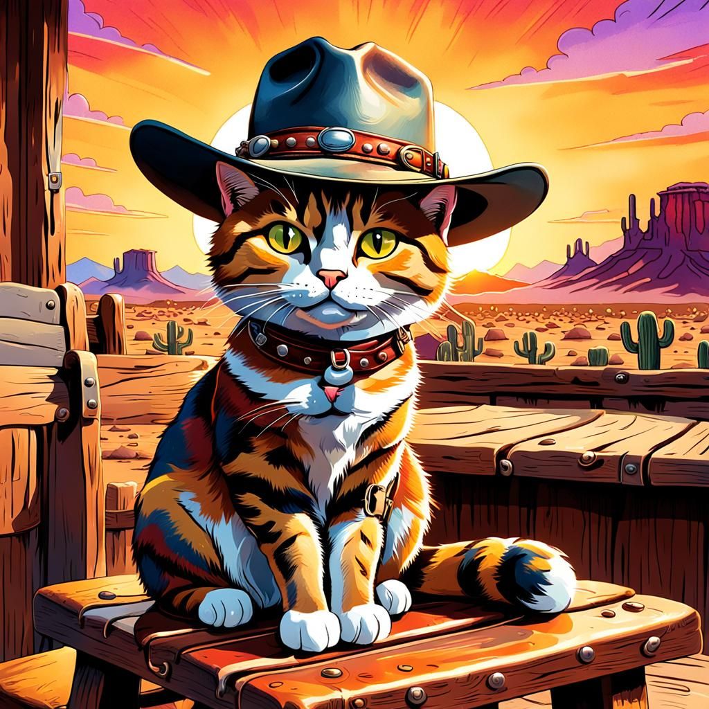 Cowboy Cat in Desert Saloon Cartoon Illustration