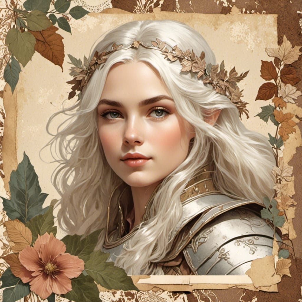 A beautiful female elven, voluminous white hair, big shimmering eyes, her cheeks rosy. Dressed in armor.
