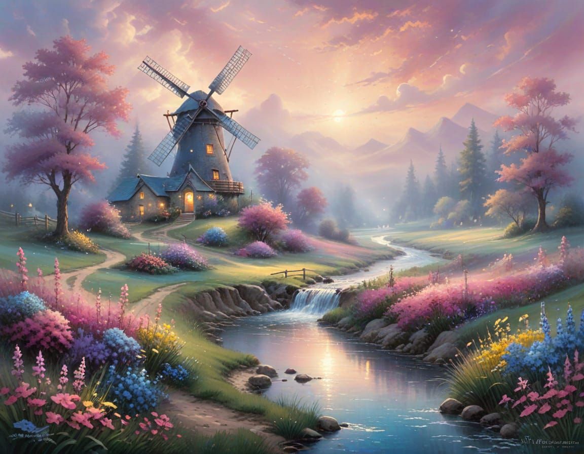 Ethereal Windmill Landscape in Watercolor Style