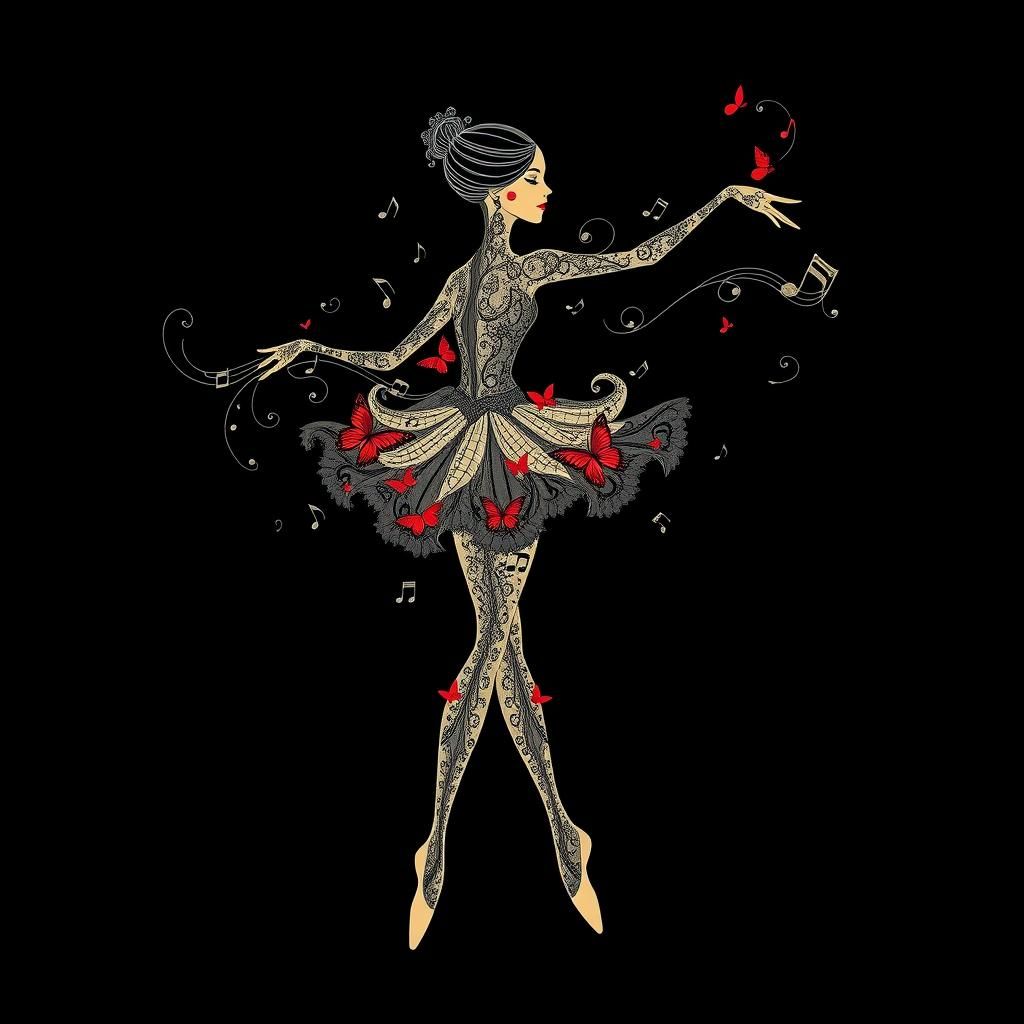 A stunning ballerina crafted from intricate musical notes, s...