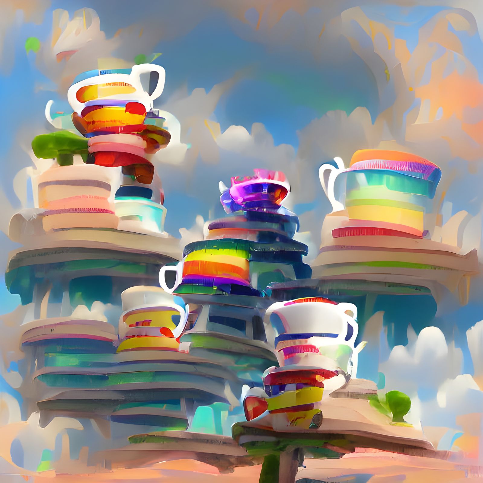 A tower of cute teacups stacked up in each other. Tall stack...