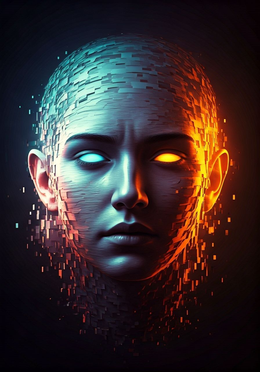 A face melting into static.  by @Ima