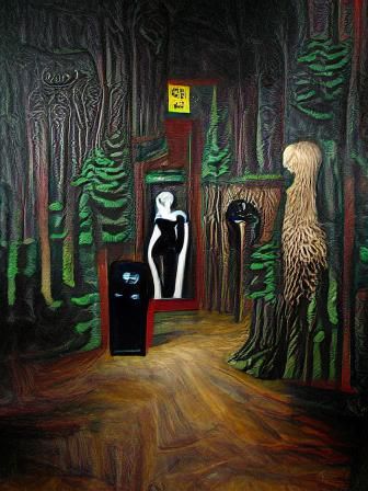 Dark forest with Mannequin in front of a Flickering Door det...