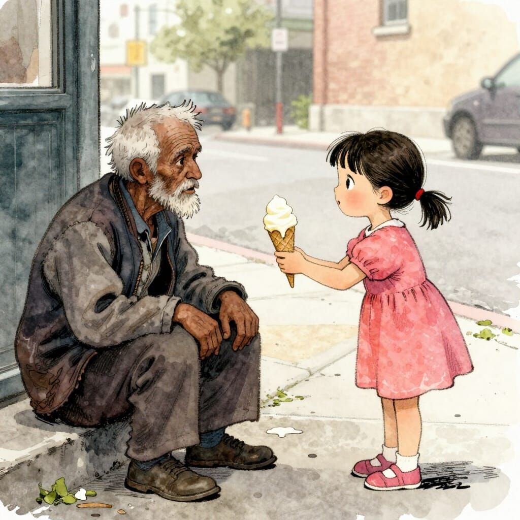 A little girl offers her ice cream to a beggar on the street storybook illustration  by @Aczél Judit