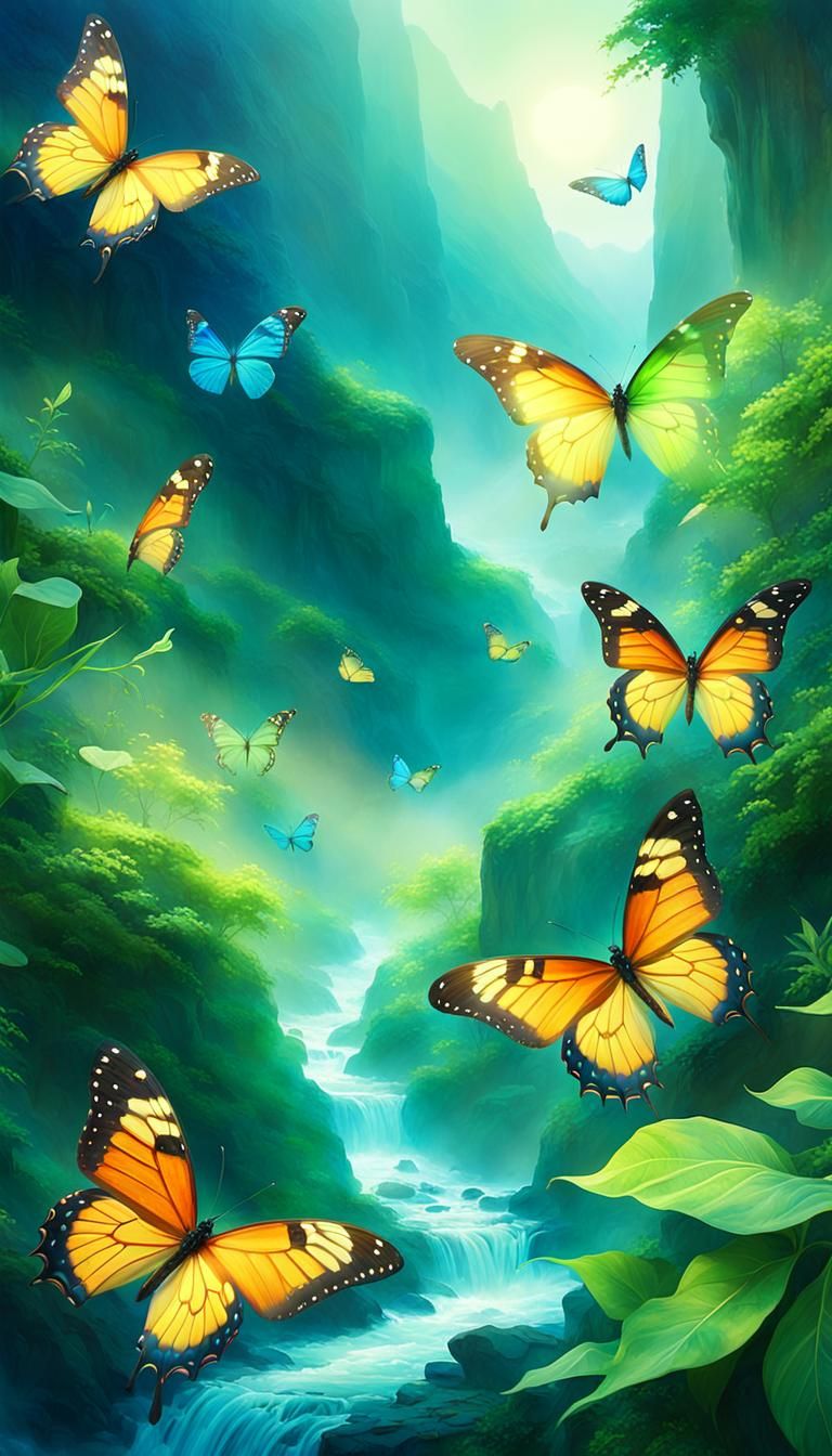 Butterflies Dancing in Canyon: Dreamlike Digital Painting