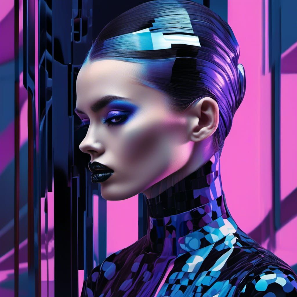 glitches hacking effects emil hajjaj creates surreal digital art with overlay polycarbonate plating, in the style of dark black and periwink...